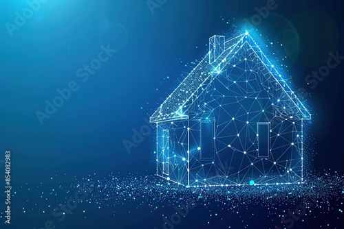 Futuristic real estate business concept with glowing low polygonal residential house symbol isolated on bright blue background. contemporary wire frame mesh design elegant design.