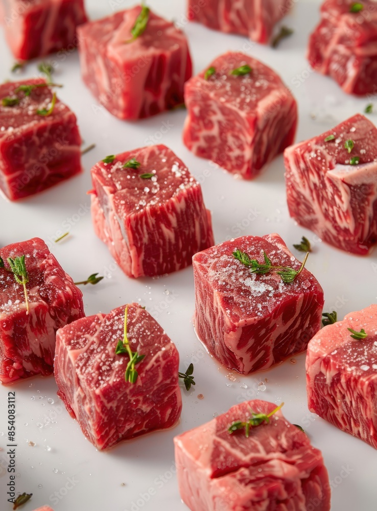 A close up of meat cubes with herbs on top. Generate AI image A close up of meat cubes with herbs on top. Generate AI image