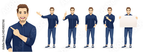 Set of young handsome man poses wearing blue shirt and jeans with different gestures showing something. Isolated vector illustration