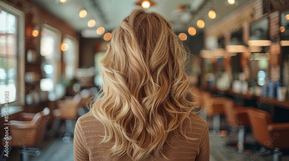 A lady's curvy, blonde hair on display before a blurred salon background with warm lighting A lady's curvy, blonde hair on display before a blurred salon background with warm lighting