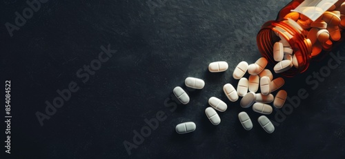 White pills spilling out of an open bottle on a dark background, with copy space.  photo