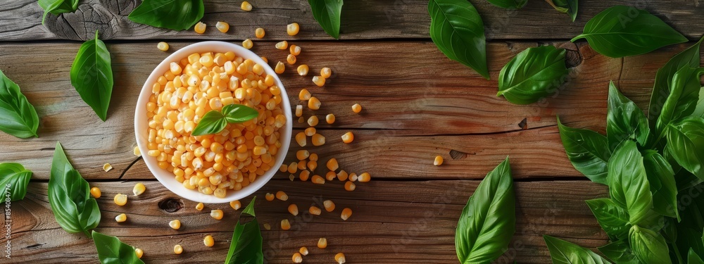 A white bowl brimming with corn sits atop a weathered wooden table Nearby, verdant green leaves flutter, and a basil sprig graces the scene A white bowl brimming with corn sits atop a weathered wooden table Nearby, verdant green leaves flutter, and a basil sprig graces the scene