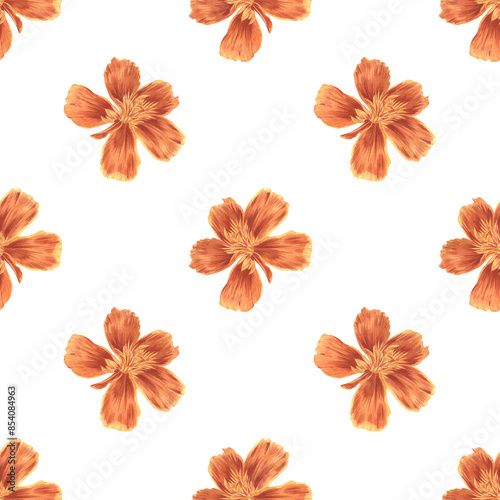 Marigolds, red buds with leaves. Watercolor illustration. Garden flowers. Seamless pattern from tagetes. Sempasuchitl ornament for background, packaging, textile, wallpaper