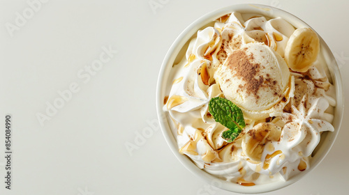 Decadent Spiced Banana Pudding with Valrhona Dulcey Cr�meux, Salted Caramel, and Vanilla Bean Ice Cream Drizzled with Dark Rum Syrup Stock Photo photo