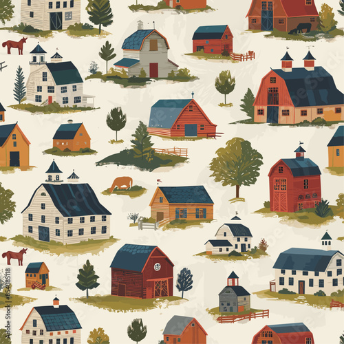 A seamless pattern featuring a variety of charming barns and farmhouses in different colors and styles. The illustration captures the essence of a picturesque countryside with scattered trees, farm an