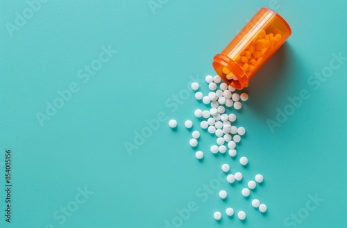 White pills spilling out of an orange and white pill bottle on a teal background. 