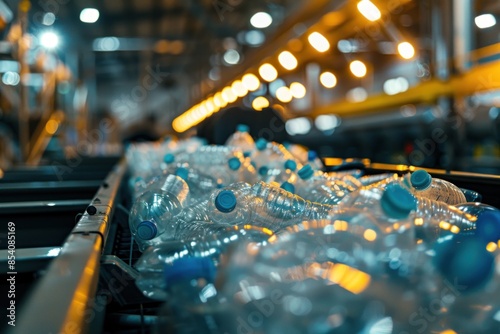 Detailed shot of a large number of plastic bottles on a conveyor belt in a recycling plant under industrial lights.