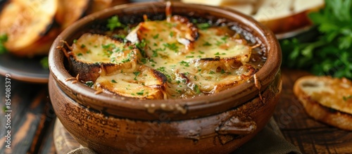 French Onion Soup with Toasted Bread and Melted Cheese