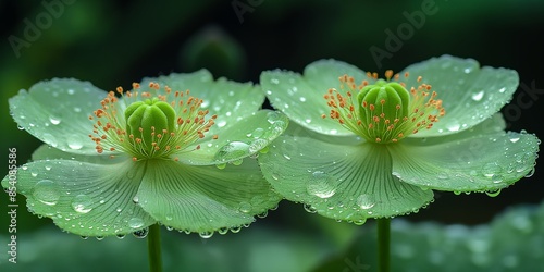 Close-up of two green flowers adorned with dewdrops, set against a dark background, creating a fresh and serene garden scene.
 photo