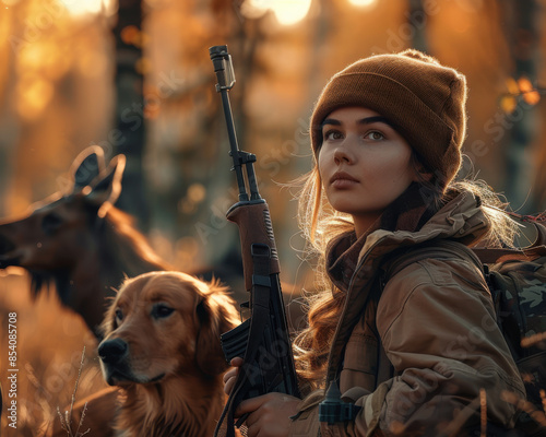 Female hunter with a hunting rifle and wearing hunting clothes with her hunting dog photo