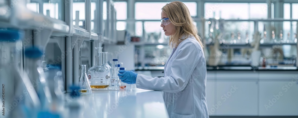 A focused scientist in safety gear examines liquid in a flask in a clean and organized laboratory setting A focused scientist in safety gear examines liquid in a flask in a clean and organized laboratory setting
