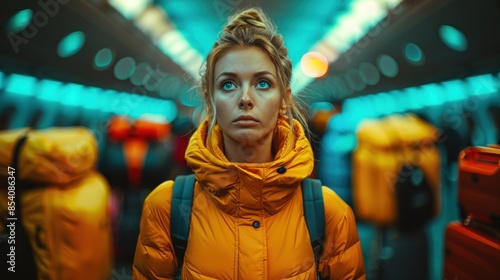 A Caucasian woman in a yellow jacket looks concerned while standing in a bus aisle surrounded by luggage. © evgenia_lo