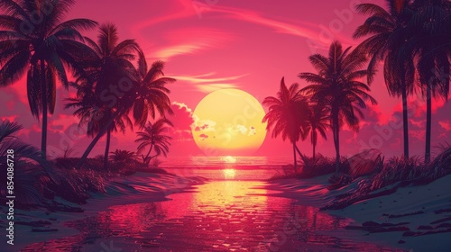 A vibrant sunset casts a warm glow over a tropical beach with palm trees.