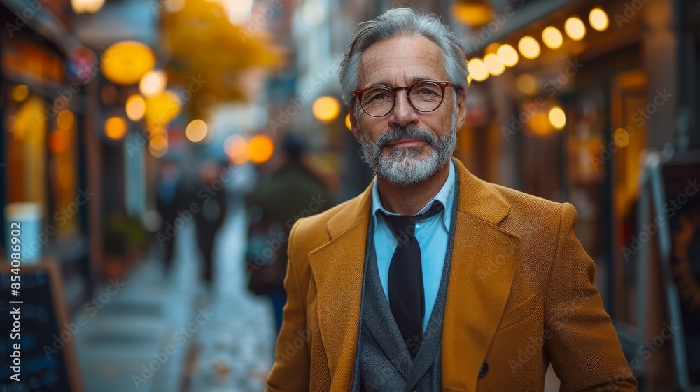 A smiling man with glasses and a mustard-colored coat on a city street at twilight A smiling man with glasses and a mustard-colored coat on a city street at twilight