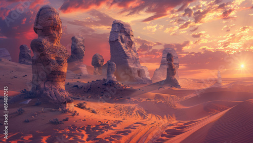 The ancient ruins of a long-forgotten desert civilization illuminated by the warm hues of a sunset, with monumental sculptures partially buried in the sand.
 photo