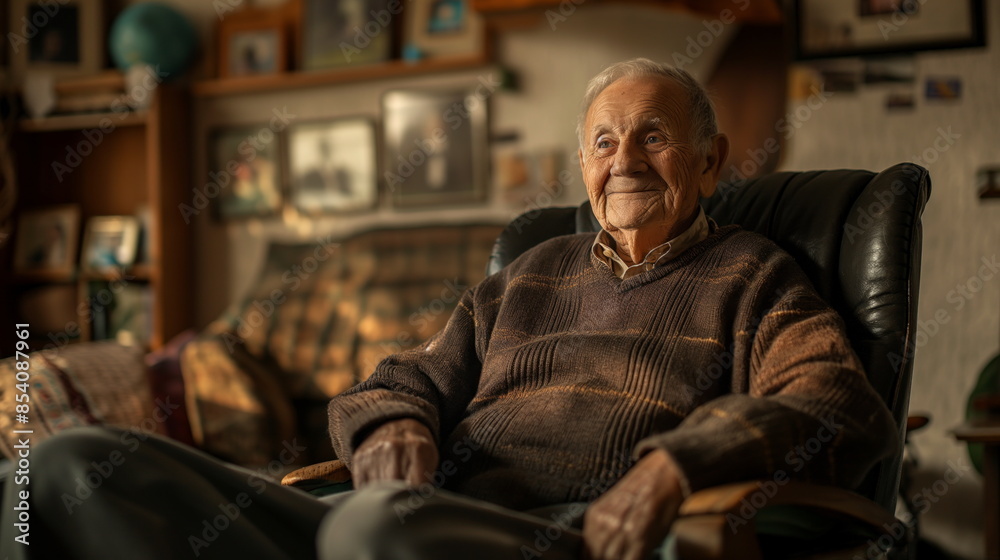 Portrait of a smiling elderly man sitting in a room decorated with framed family photographs