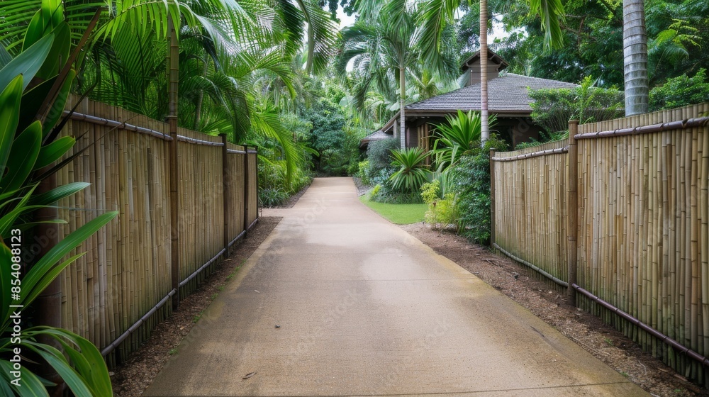 A bamboo fence surrounding a tropical-style home, showcasing sustainable materials and lush greenery. A bamboo fence surrounding a tropical-style home, showcasing sustainable materials and lush greenery.