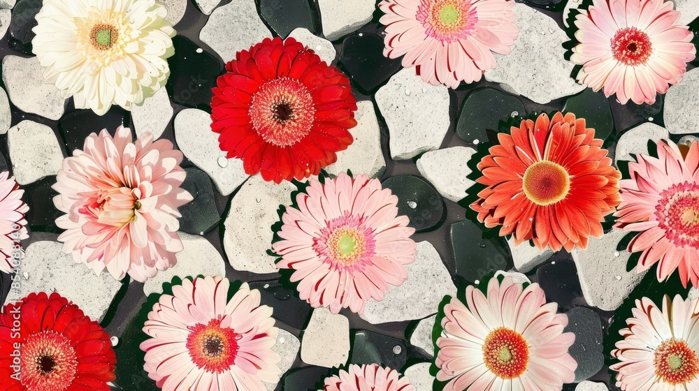  the vibrant garden is bursting with colorful blooms; and the cobblestone path in front has dewdrops on it, background,