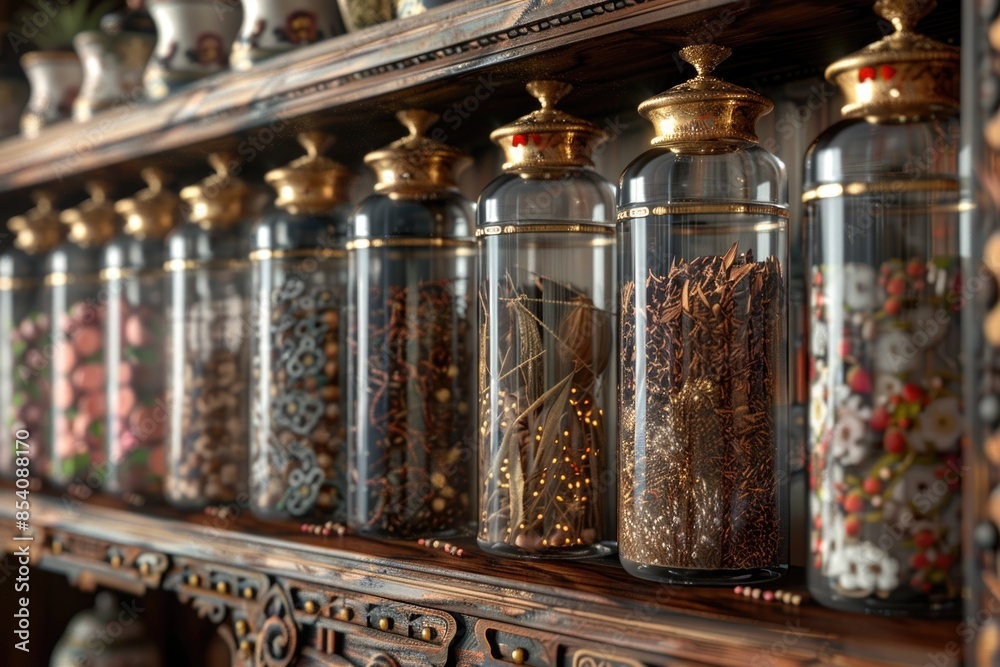 A shelf filled with glass jars containing various types of food A shelf filled with glass jars containing various types of food