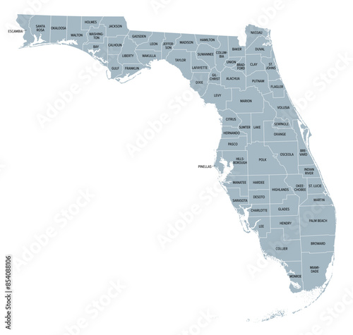 Florida state counties, gray political map. Florida, a state in the Southeastern region of the United States, subdivided into 67 counties. Map with boundaries and county names. Illustration. Vector