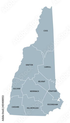 New Hampshire state counties, gray political map. New Hampshire, a state in the New England region of the Northeastern United States, subdivided into 10 counties. Map with boundaries and county names.