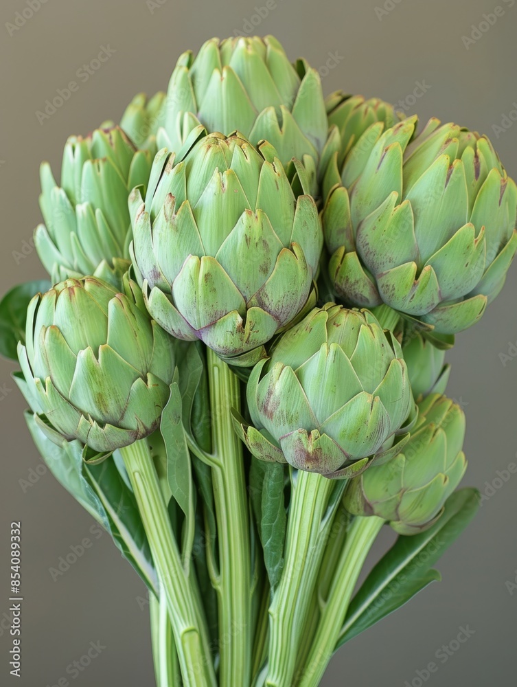 Fototapeta premium Close-up of fresh green artichokes on a grey background. Vegetable and culinary concept.