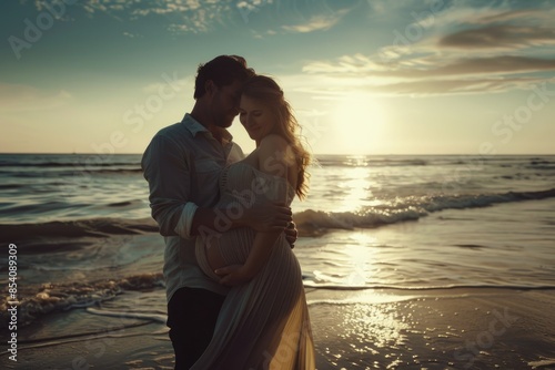 A couple stands together on a beach as the sun sets, great for use in romantic or travel-themed projects