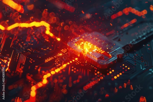 A close-up view of a circuit board with red lights illuminated, often used in technology and electronics contexts