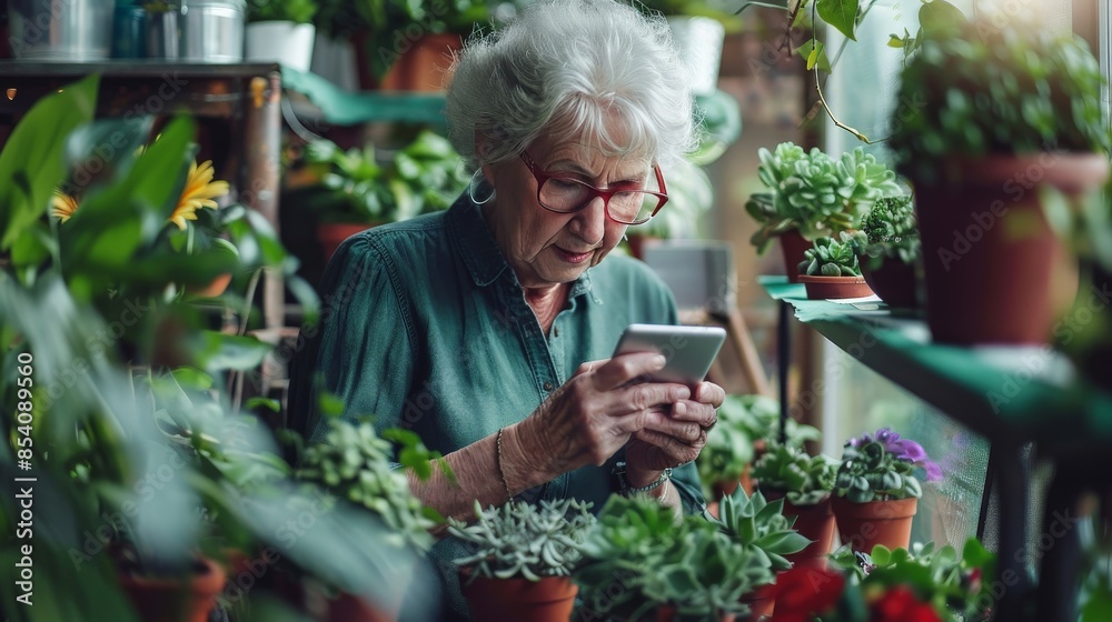 Senior woman using a digital tablet to research plant care in her garden shed Senior woman using a digital tablet to research plant care in her garden shed
