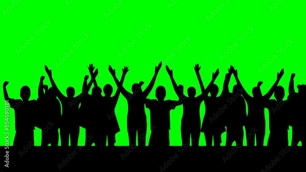 Crowd Silhouette Animation: A large crowd having fun and cheering on a green screen background. Victory and award concept with copy space.