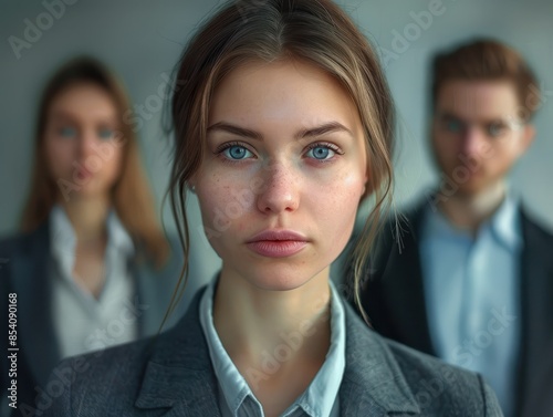 Young business woman looking at the camera with her colleagues on the background photo