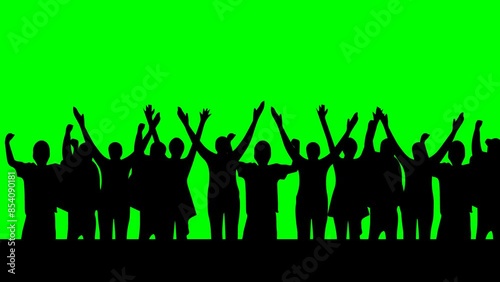 Crowd Silhouette Animation: A large crowd having fun and cheering on a green screen background. Victory and award concept with copy space.