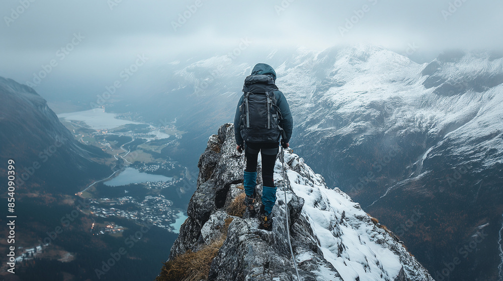 a person climbs a mountain . on the top of mountain . in the winter a person climbs a mountain . on the top of mountain . in the winter