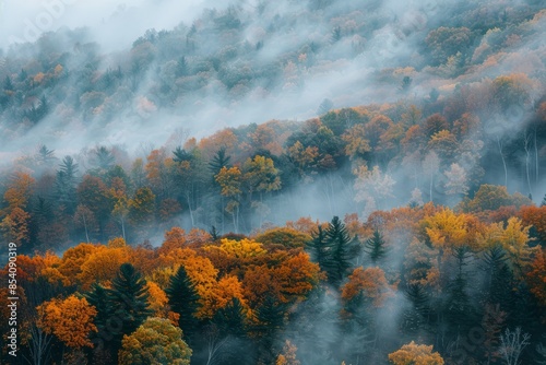 An aerial photograph showcasing a misty forest during autumn. The foliage is a mix of greens and yellows, with a thick fog rolling through the trees