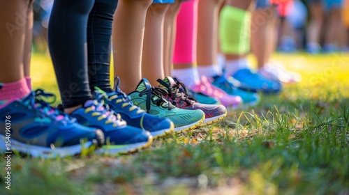 Close-up of children feet in colorful running shoes, lined up on a grassy field, ready for a race.