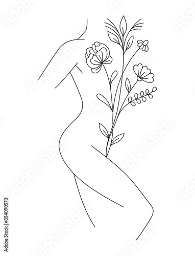 Elegant Female Body line art decorated with florals, Editable lines, medicine flowers and herbal cosmetics