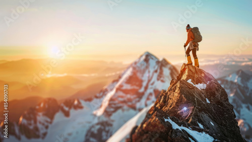 A mountain climber stands triumphantly on a rocky peak at sunrise, capturing the breathtaking view and the sense of achievement in the high-altitude landscape.
