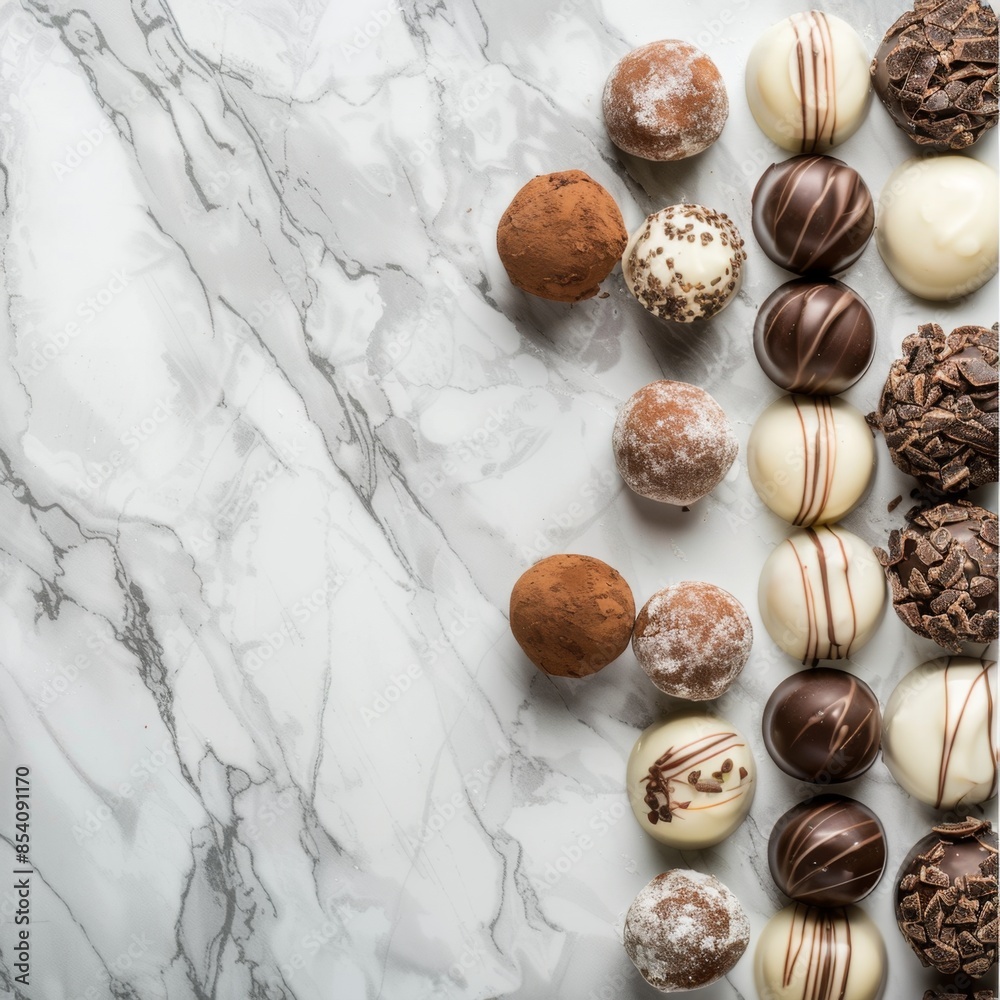 Obraz premium Chocolate truffles, sweets on marble background, scattered chocolates on natural white stone top view