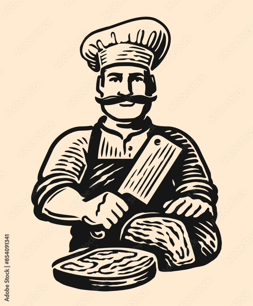 custom made wallpaper toronto digitalChef cutting meat with butcher knife. Emblem or logo for grill restaurant, menu of steakhouse. Vector illustration