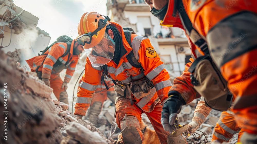 Rescue workers searching through earthquake debris with dogs.
Rescue workers searching through earthquake debris with dogs.