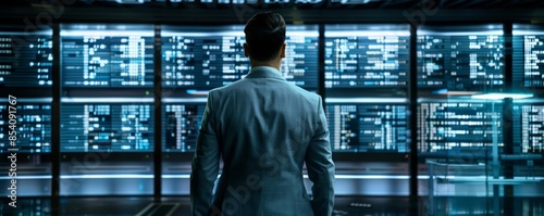 A businessman stands in front of a wall of large screens displaying data in a modern office