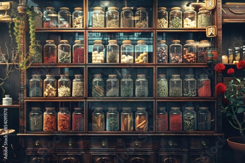A shelf filled with various-sized glass jars, possibly containing food or other items © Ева Поликарпова