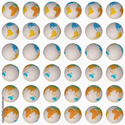 Collection of planet globes. Tilted sphere view. Rotation step 10 degrees. Colored continents style. World map with graticule lines on a light background. Admirable vector illustration.