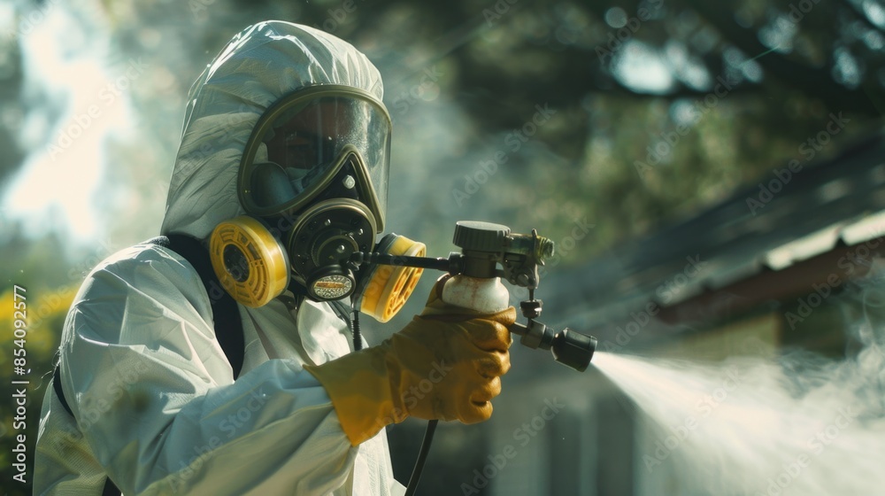 A person wearing protective gear uses a spray gun to clean or renovate a house A person wearing protective gear uses a spray gun to clean or renovate a house