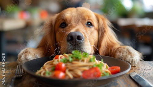 A cute golden retriever dog is seen contemplating a plate of spaghetti, capturing temptation and restraint