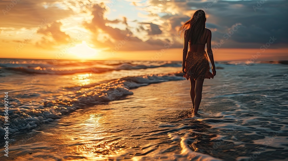 back view woman walking on the beach near the ocean at the sunset back view woman walking on the beach near the ocean at the sunset
