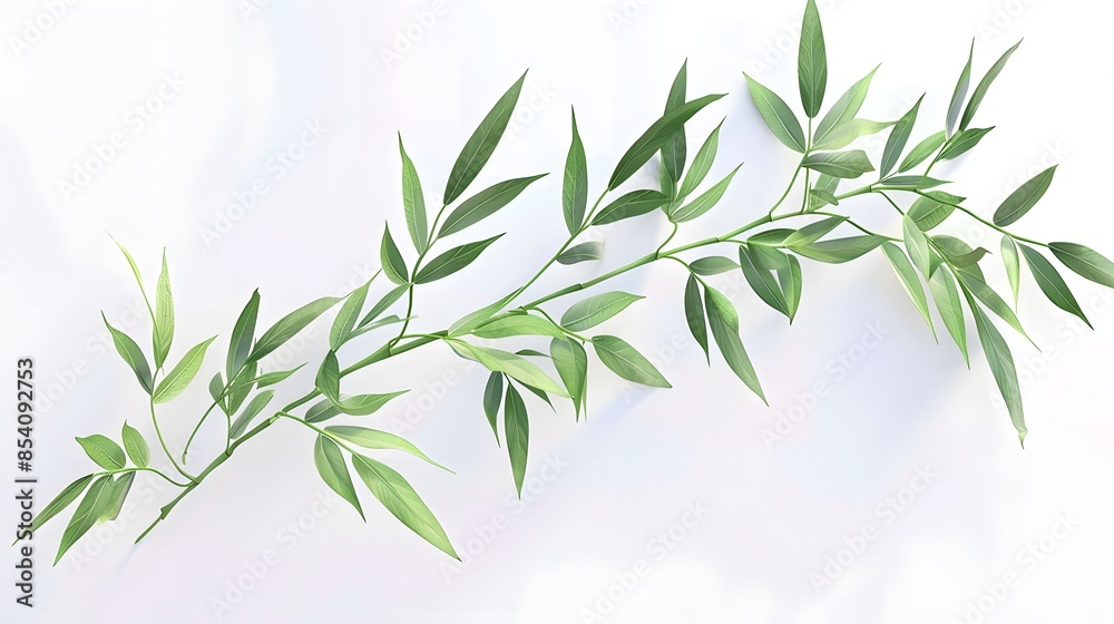 Fototapeta premium Thick-stemmed bamboo branch with leaves on white background