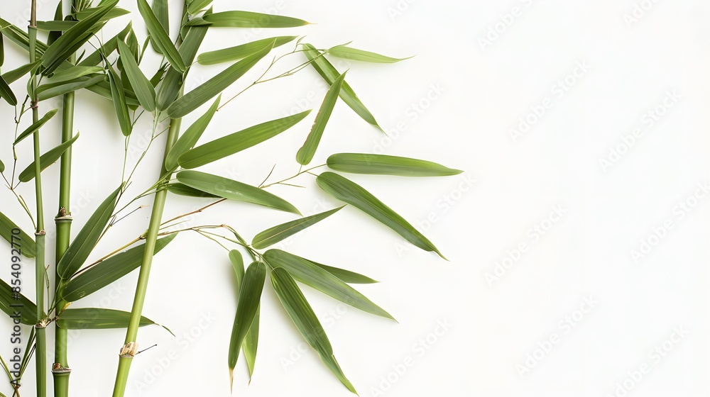 Fototapeta premium Thick-stemmed bamboo branch with leaves on white background