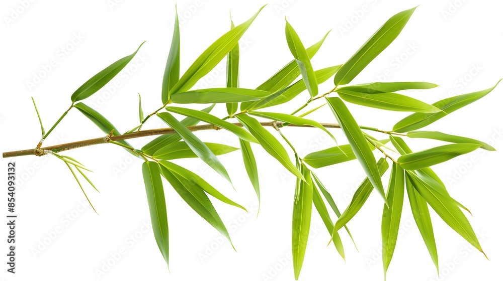Fototapeta premium Thick-stemmed bamboo branch with leaves on white background