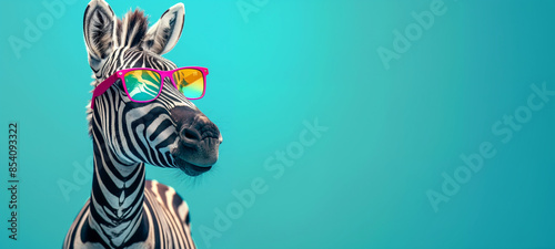 Portrait of a Cute Funny Zebra with Colorful Glasses on a Blue Background, Banner for Advertising